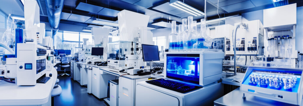 Modern science laboratory with cabinets, research desks, computers and other analytic equipment. Generative AI