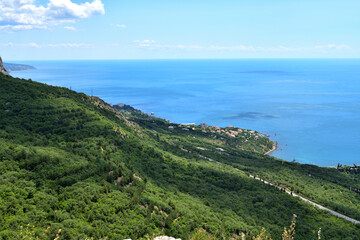 Fototapeta na wymiar Nature Crimea - view from Mount Foros to Black Sea and the village of Sanatornoye