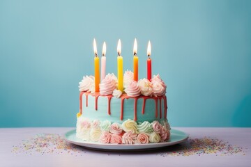 birthday cake with 5 five candles on pastel blue background