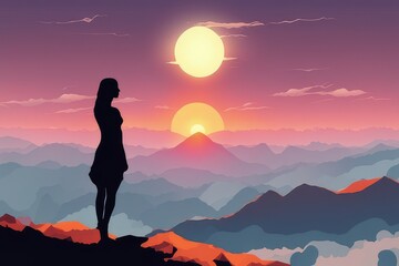 sunset woman silhouette on mountain realistic background with sun light in sky clouds sky