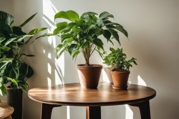 Fototapeta premium wooden table with a potted plant in front of the wall is accompanied by natural light from the sunshine