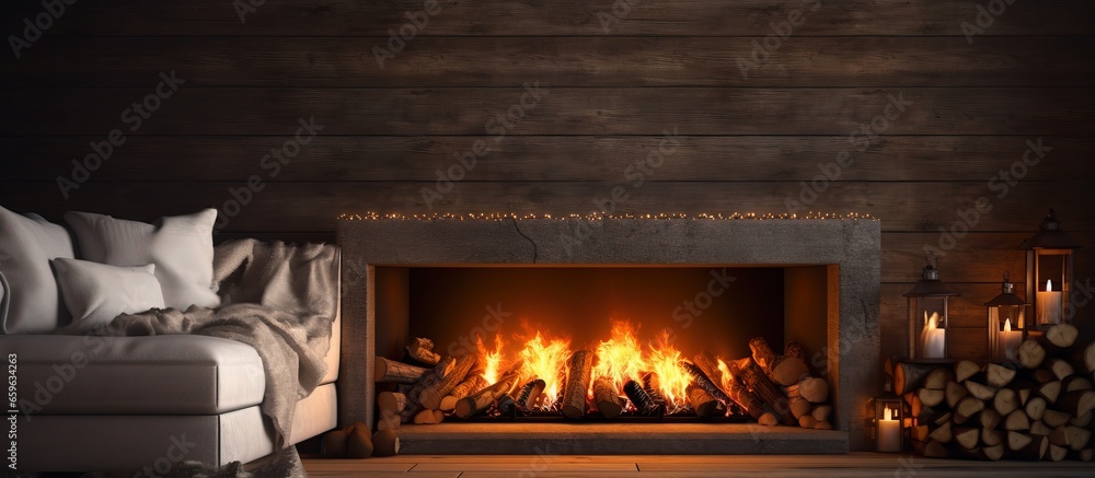 Wall mural winter fireplace with a warm fire