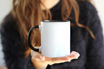  Girl is holding black handle white 11 oz mug in hands with  black sweater. Blank ceramic cup

