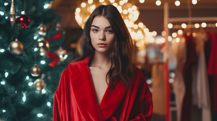 adult woman, caucasian, 20s 30s, dark brown hair, long hair, red elegant luxurious coat or bathrobe, festively decorated Christmas tree, attractive slim, neutral facial expression - obrazy, fototapety, plakaty