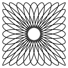 An outline illustration of a square geometric guilloche tile.