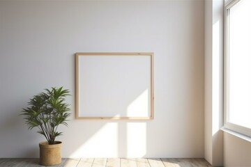 Horizontal landscape in a wooden frame on a white wall. Generative AI