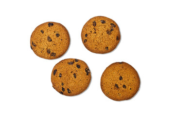 Four pieces of chocolate cookies in green plate on white background