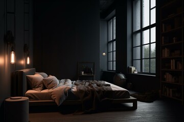 dark bedroom with bed, window. Generative AI
