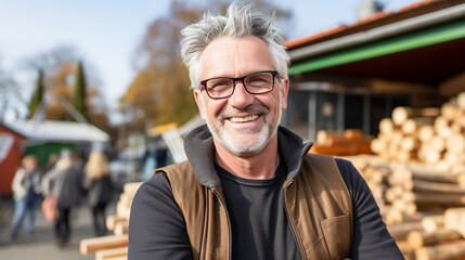 Middle-aged mature adult man, gray hair, dark glasses, 3-day style, standing in front of a sawmill or stack of logs, cut down, lumberyard, self-employed with his own family 