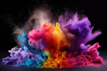 Obraz na płótnie Canvas Cosmetic professional makeup brushes and brushes with colorful explosion powders in motion isolated.