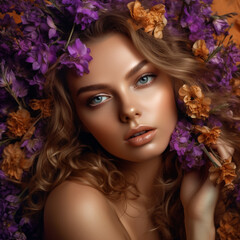 Obraz na płótnie Canvas Beautiful white girl with flowers. Stunning brunette girl with big bouquet purple flowers. Closeup face of young beautiful woman with a healthy clean skin. Pretty woman with bright golden makeup