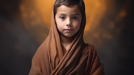 Fotobehang Kid monk in traditional robe, little buddhist monk boy, religion for kids and tradition concept.  © dinastya