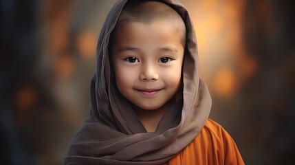 Kid monk in traditional robe, little buddhist monk boy, religion for kids and tradition concept.  - obrazy, fototapety, plakaty
