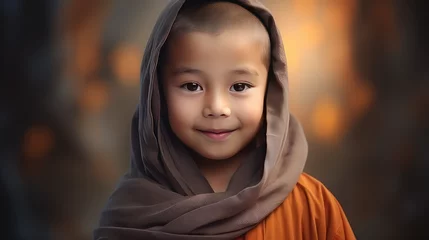 Fotobehang Kid monk in traditional robe, little buddhist monk boy, religion for kids and tradition concept.  © dinastya