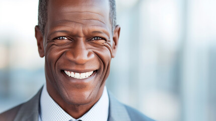Mature adult black man, white teeth, black skin color, gray hair, wearing suit and light shirt, career and job and profession, working, good mood