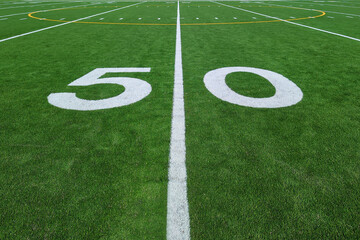 Low angle view of an American football field and stadium