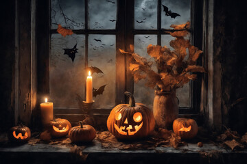 Obraz premium decoration for halloween holiday, pumpkins, jack on lantern on a windowsill, flying bats in night outside the window