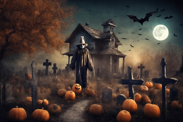 halloween, scarecrow on the path in front of the old house, around the grave and cemetery with pumpkins, mystical forest, flying bats on big full moon background, scary and fabulous, dark magic - obrazy, fototapety, plakaty