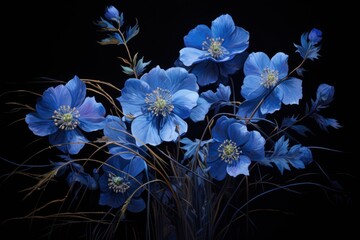 blue flowers  bouquet on black  background generative ai