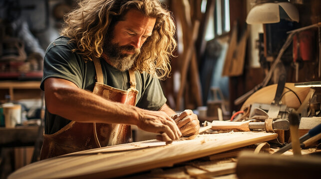Carpenter working in the repair shop. Generative AI