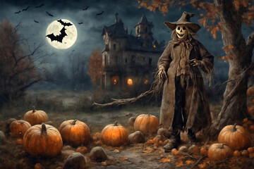 halloween, scarecrow in front of the old house, around pumpkins and mystical forest, flying bats on big full moon background, scary and fabulous, dark magic - obrazy, fototapety, plakaty