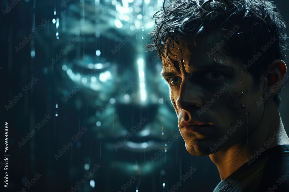 Poster a cinematic scene of a character encountering their alternate self in a parallel universe, prompting