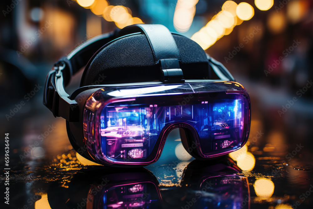 Poster a virtual reality headset transporting users to a simulated parallel universe, blurring the lines be