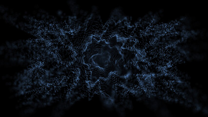 Blue wavy sphere of dots with explosion effect. Abstract noise technology, wave texture or background. Big data visualization. 3D rendering.