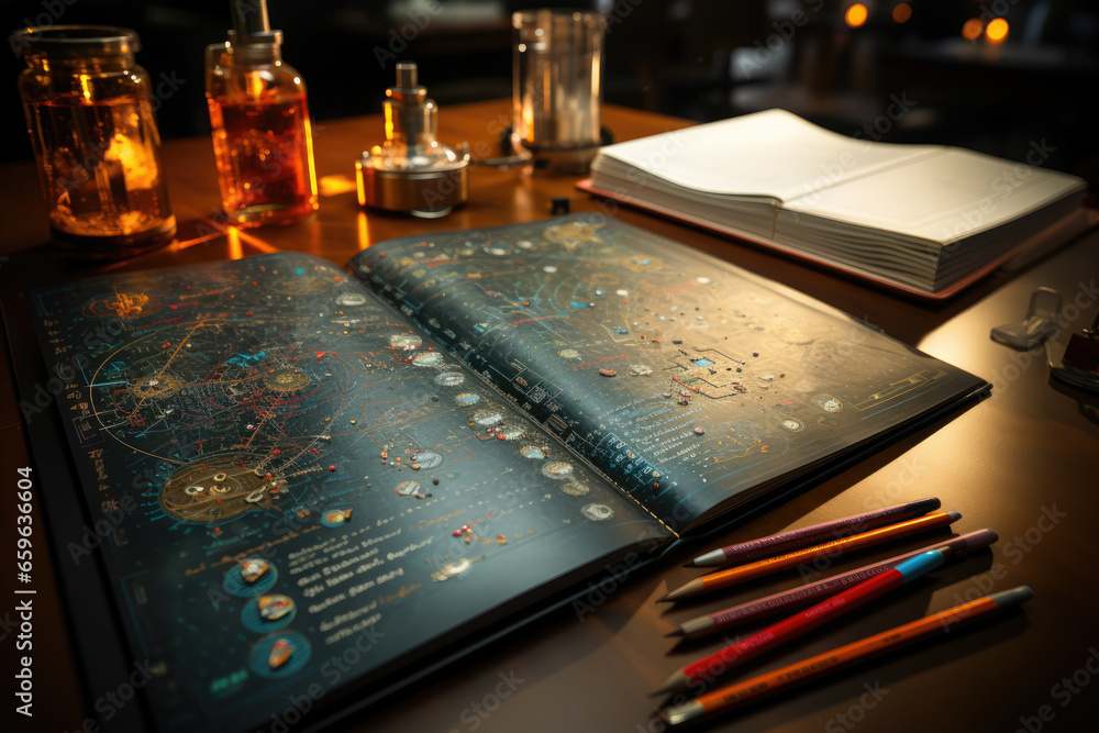 Poster a close-up of a scientist's notebook filled with calculations and sketches related to the theory of 