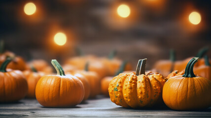 Many Big Lit Orange Pumpkins in an Autumn Market. Autumn Seasonal Background Generated with AI tools.