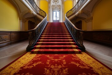 Luxurious yellow and red carpet accentuating the high interior staircase leading to a grand entrance in a palace or castle, exuding opulence and elegance. Generative AI