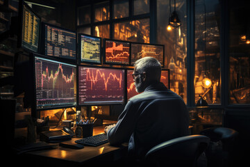 A business owner evaluating market volatility and economic indicators to make informed decisions in uncertain times. Concept of economic risk. Generative Ai. - obrazy, fototapety, plakaty