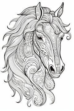 mandala illustration for coloring, horse, animals, relaxation, therapeutic, print