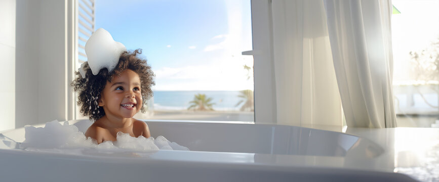 banner bath time, little african American child girl taking bubble bath in beautiful bathroom, Kids hygiene, Shampoo, hair treatment and soap for children, Kid bathing in large tub , foam in hair.
