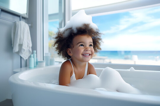 Soap foam, bath time, little african American child girl taking bubble bath in beautiful bathroom, Kids hygiene Shampoo, hair treatment and soap for children, Kid bathing in large tub , foam in hair.