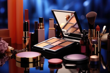 Professional makeup palette case and set, cosmetics, brushes, brushes and sponges.