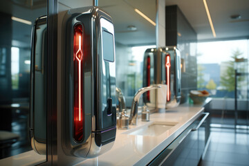 A restroom facility with modern touchless faucets and soap dispensers, emphasizing the importance of touch-free hygiene solutions. Concept of touchless technology. Generative Ai.