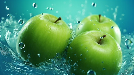 Fresh green apples falling into water with splash on blue background.  Fruits falling into water with  splashes, close up. Fresh fruits with water splash. Healthy food. AI generated