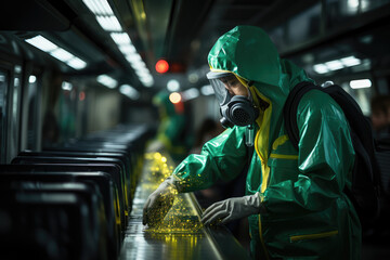 A worker disinfecting and sanitizing high-touch surfaces in a public transportation vehicle, ensuring passenger safety and transport hygiene. Concept of public transit cleaning. Generative Ai.
