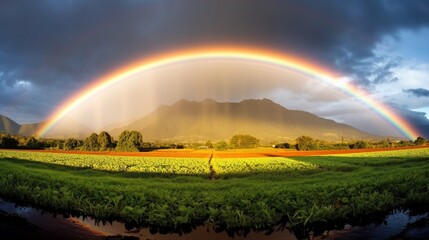 The brilliant spectacle of a double rainbow after a rainstorm.