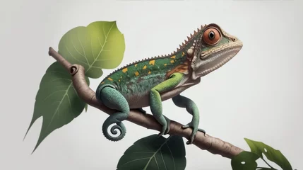 Foto op Canvas green chameleon on a branch A generative AI portrait of a chameleon perched on a branch. © Ali