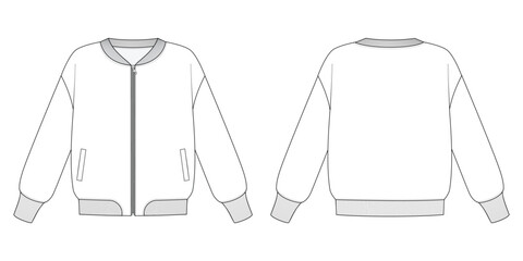 Fashion technical drawing of bomber with zip. Zip up bomber fashion flat sketch.