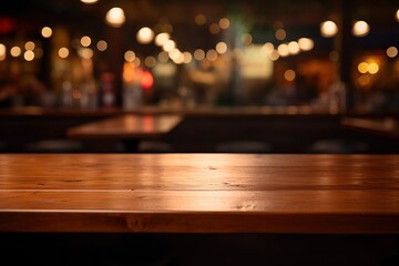 empty wooden table with blurred cafe bar background, product display background