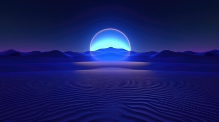 Dark Neon Blue Synthwave Science Fiction Desert Full Moon