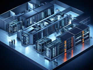 An elevated perspective captures a data center or server room with a V-shaped design.