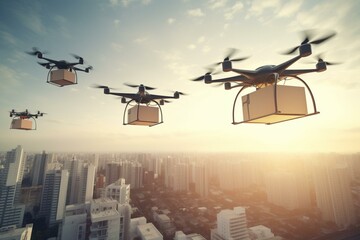 Several drones soaring above an urban area while transporting parcels. Generative AI