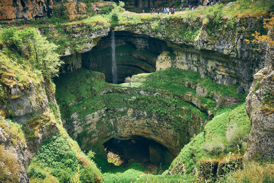 Baatara gorge waterfall in Lebanon. Gorge sinkhole and natural bridges in Tannourine, Lebanon