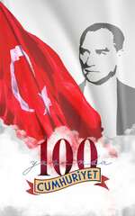 Ankara Turkey - 29 October 1923. Translation: The Republic is 100 years old - 29 October Turkey Republic Day, Happy holiday illustration. (Turkish: Cumhuriyet 100 yaşında)