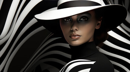 illustration of a beautiful woman in a hat with black and white stripes - obrazy, fototapety, plakaty