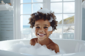 Soap foam, bath time, little african American child boy taking bubble bath in beautiful bathroom, Kids hygiene, Shampoo, hair treatment and soap for children, Kid bathing in large tub , foam in hair